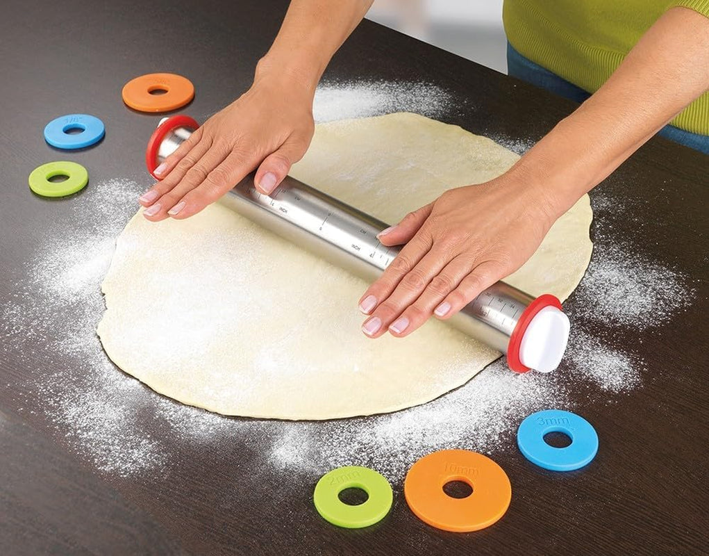 Maximex Teigrolle mit Abstandhalter EDELSTAHL - Edelstahl-Ausroller mit aufsteckbaren Abstandsscheiben, Edelstahl rostfrei, 4,5-6,5 x 43 x 4,5-6,5 cm, Argent mat