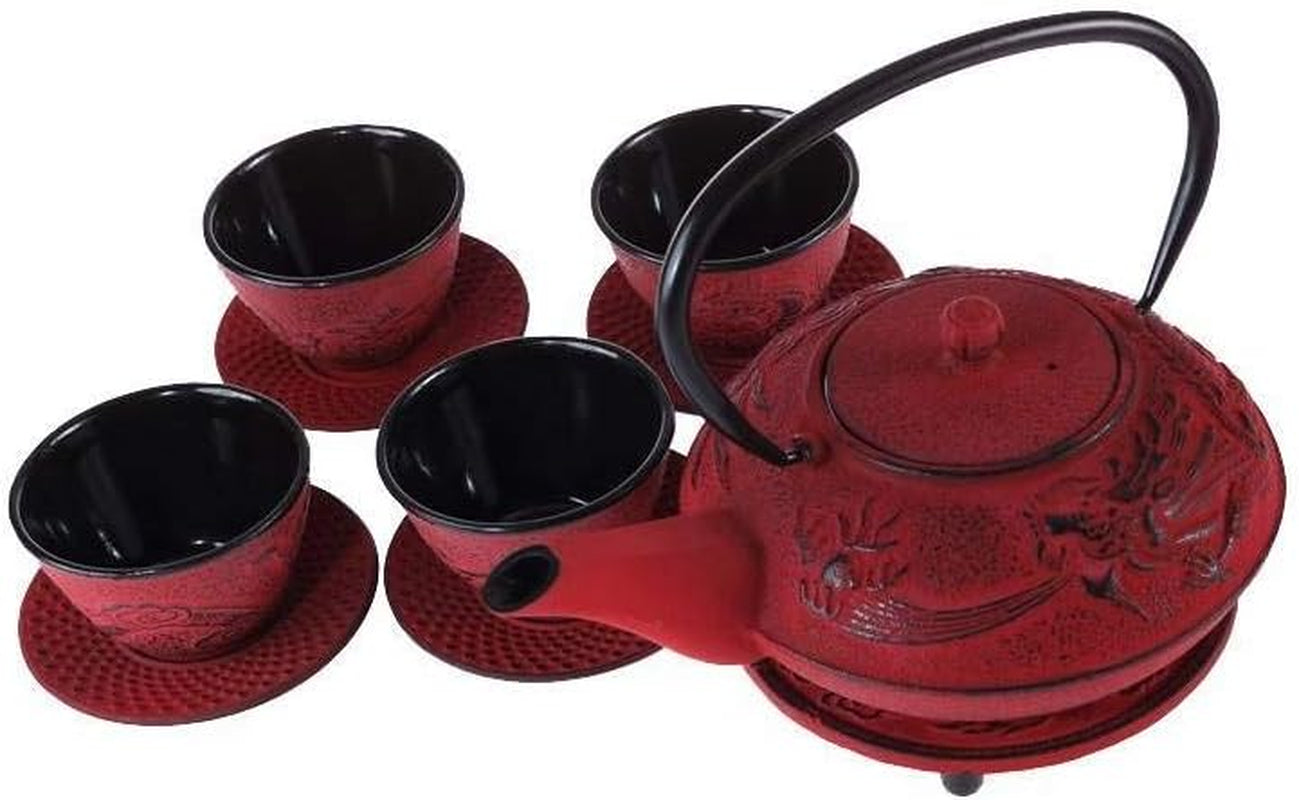– Service à Thé Dragon Chinois – 1 Théière, 4 Tasses en Fonte et Passoire à Thé – Capacité 0,8L – Décor Asiatique Japonais – Idée Cadeau pour Vaisselle Japonaise – Couleur Rouge