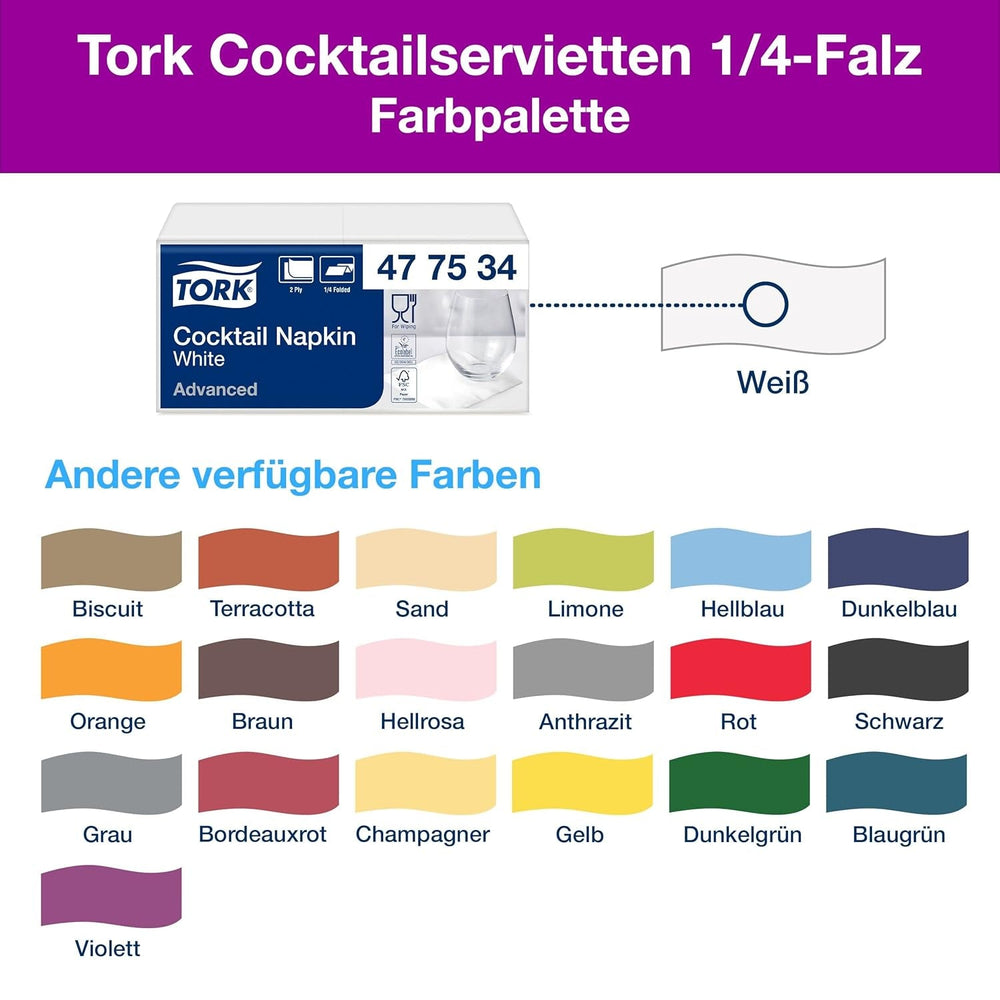 Serviettes Tork Cocktail blanches, pli 1/4, 2 épaisseurs, 24 cm × 24 cm, 200 serviettes, 477534