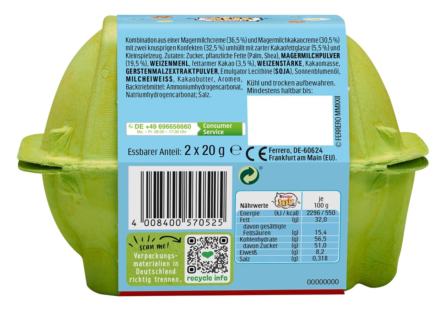 Kinder Joy pack de 2 - Une moitié avec une délicieuse crème de lait et de cacao et des boules croquantes, et l'autre moitié avec une belle surprise - Chocolat de Pâques, bonbons de Pâques - Cadeau de Pâques - 40g