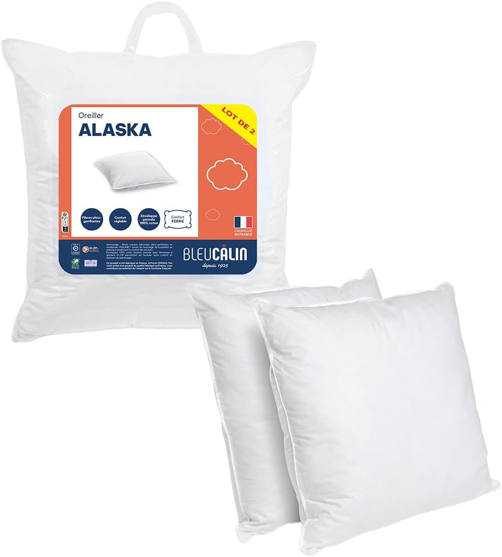 Bleu Câlin Lot de 2 Oreillers Confort Ferme "Alaska", Super Garnissage, Enveloppe Percale 100% Coton, Blanc, 65 X 65 cm Forme Carrée Naty Shop Oreillers Standard