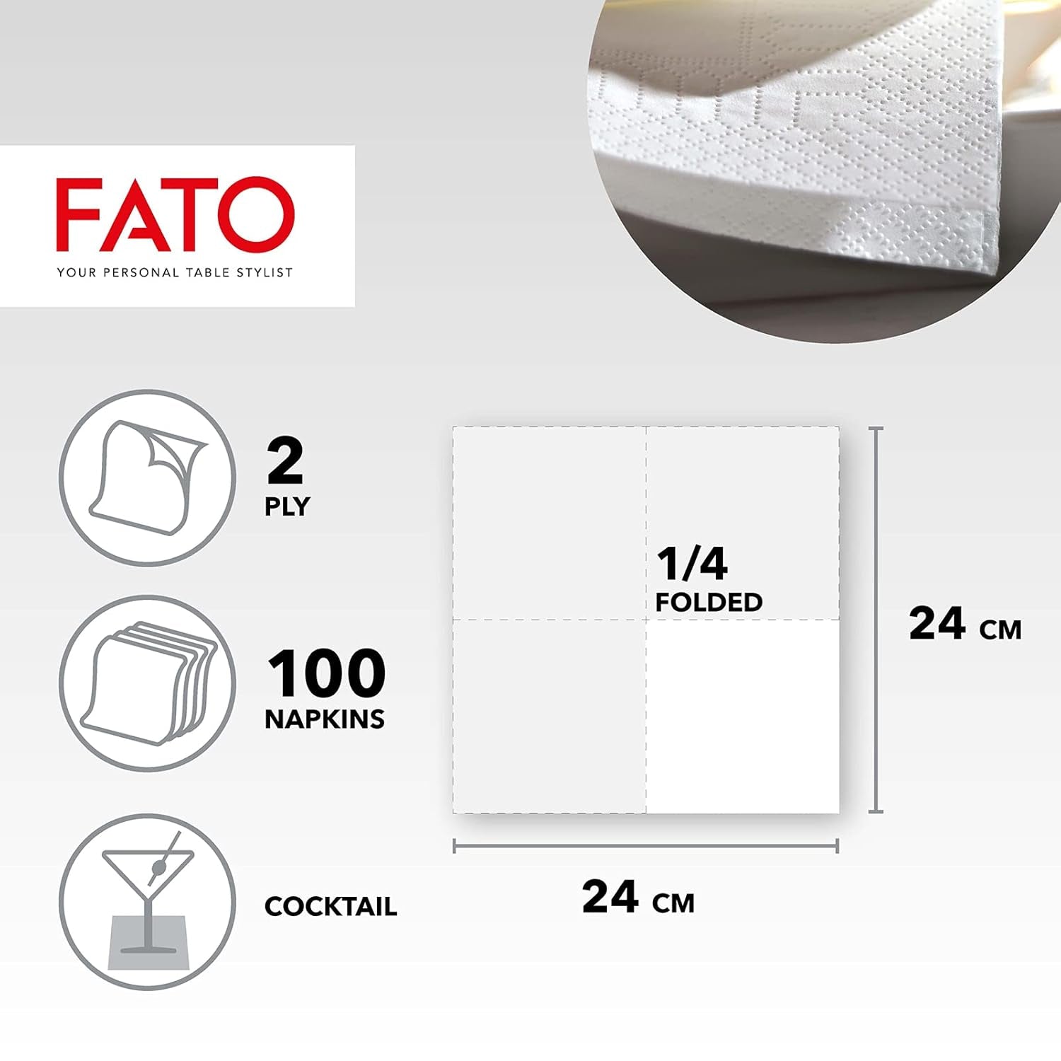 , Serviettes en papier jetables, idéales pour les apéritifs et les cocktails, paquet de 100 serviettes, taille 24 x 24, 4 plis, 2 épaisseurs, blanc, papier 100 % pure cellulose, certifié FSC (lot de 6)