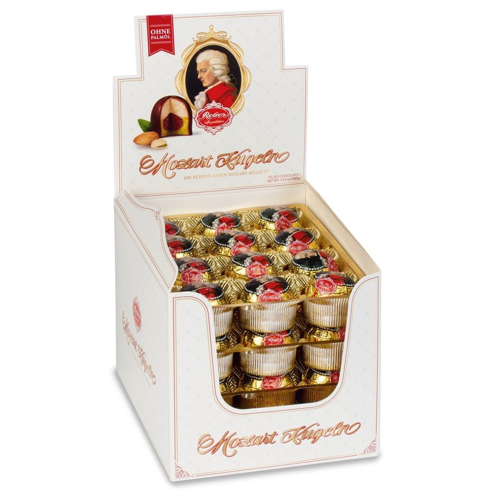 Boules Reber Mozart, coffret de présentation 4x45, boules de chocolat noir fourrées à la pistache, pâte d'amande, nougat aux amandes et noisettes, 3,6 kg (180 pièces)