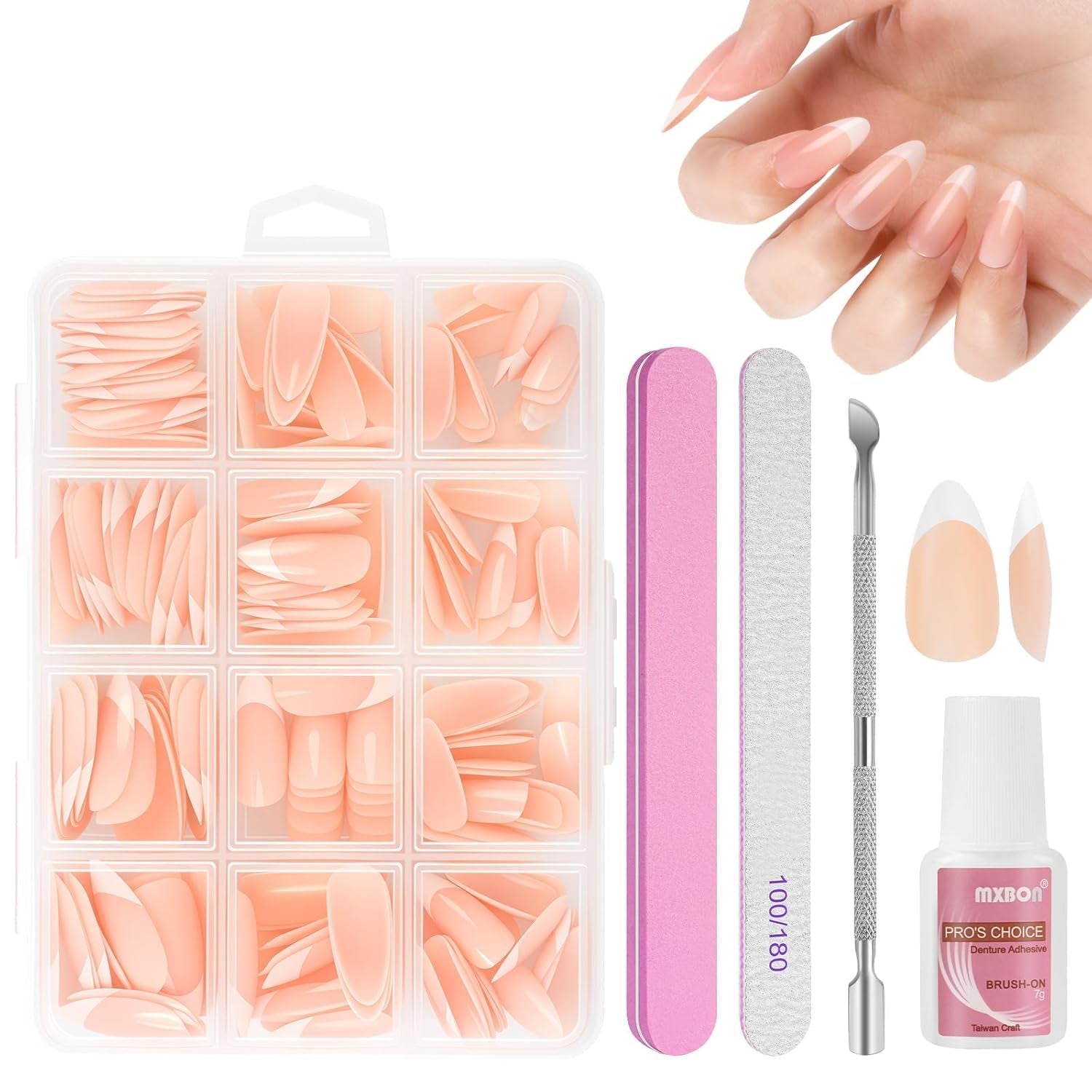 Lot de 240 faux ongles à pression française, 12 tailles, faux ongles avec colle pour femmes et hommes (blanc nu amande moyenne)