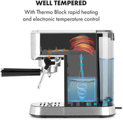 Klarstein Futura Machine à expresso, machine à expresso à filtre portable, 1450 W, 20 bars, qualité Barista, double buse, arrêt de débit, machine à expresso à filtre portable, fonction mousseur à lait, argent