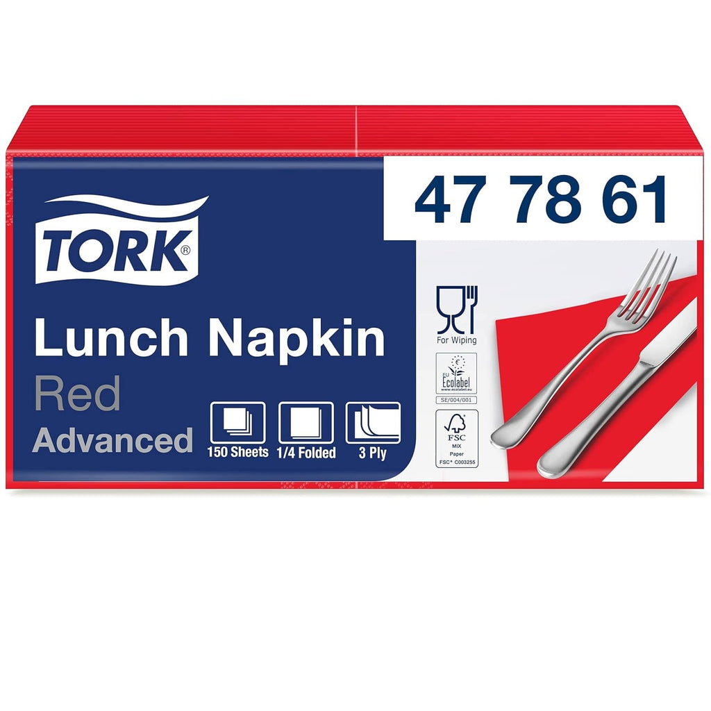 Tork 477861 Șervețele de prânz moi roșii / Șervețele de hârtie absorbante din 3 straturi de culoare roșie / Versatile / Calitate avansată / 10 X 150 (1500) șervețele / 32,6 X 33 Cm (L X l) / 1/4 pliere