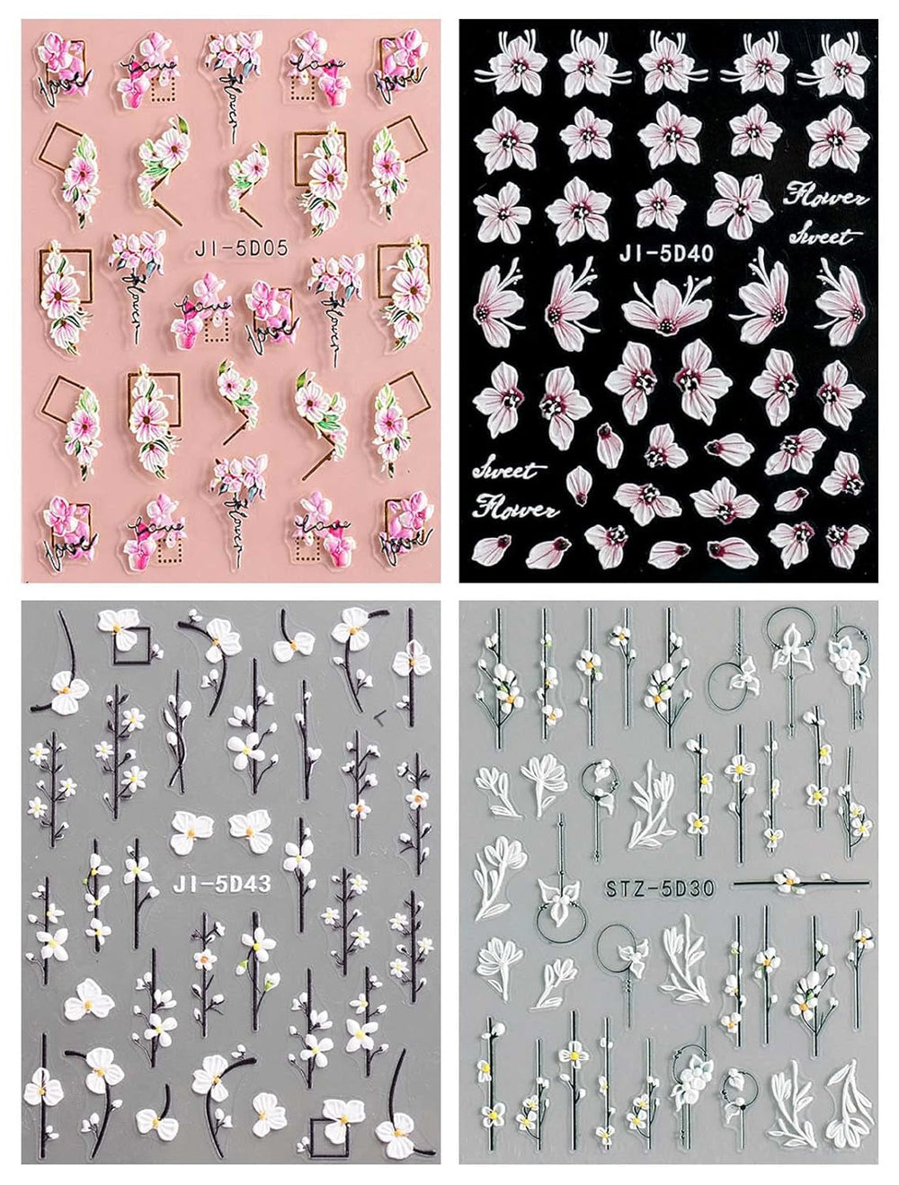 JMEOWIO Autocollants de manucure 3D pour ongles, fleurs, autocollants pour nail art, autocollants auto-adhésifs, bandes stéréoscopiques 5D, décoration de fleurs d'été, design de manucure, 4 feuilles