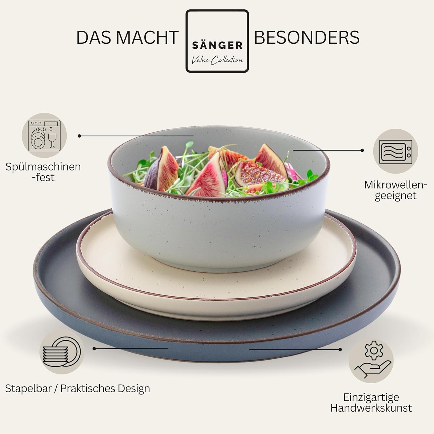 SÄNGER Bombay Clair de Lune | Service de table en céramique 12 pièces pour 4 personnes, 4 assiettes plates, 4 assiettes à dessert, 4 bols, couleurs assorties | LA COLLECTION VALEUR