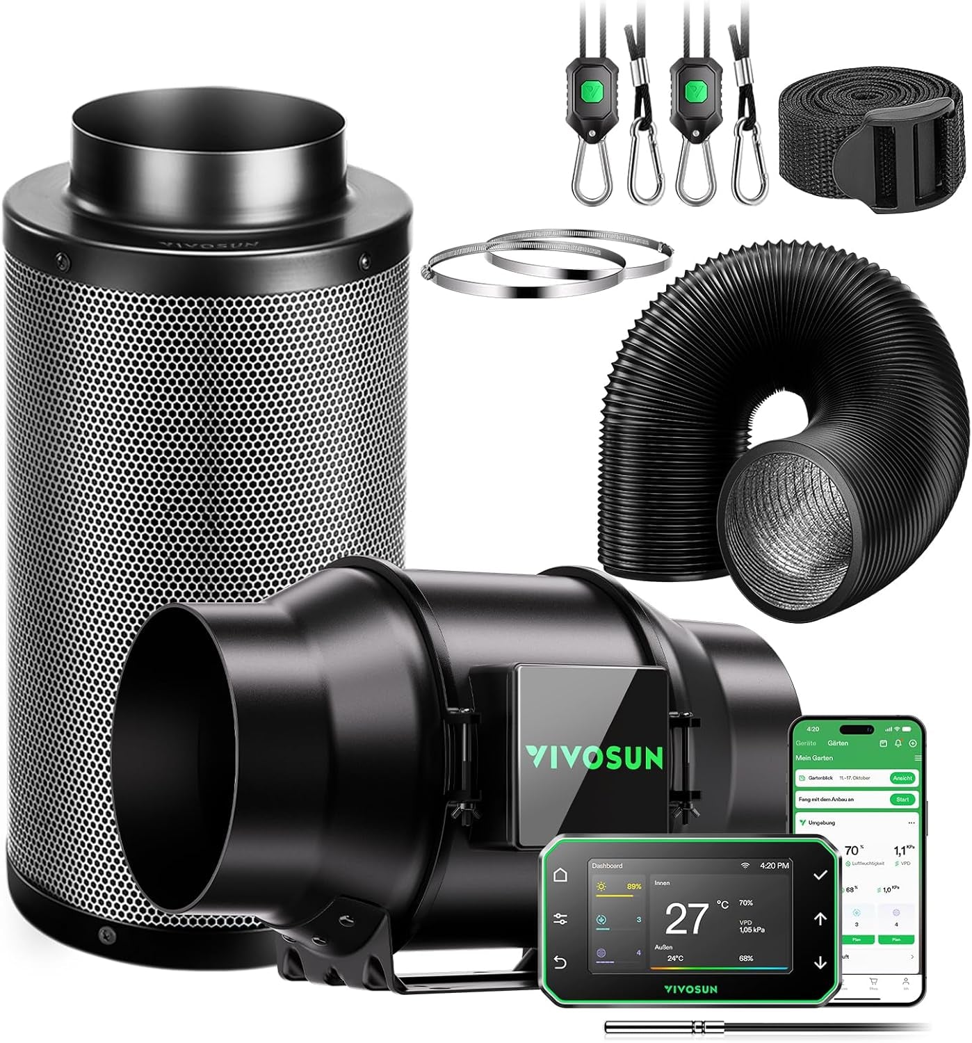 VIVOSUN Kit de ventilateur/échappement intelligent AeroZesh G4 100 mm avec GrowHub E42A+, contrôleur de température et d'humidité, télécommande WiFi/App, filtre à charbon actif et tuyau pour tentes de culture et culture hydroponique