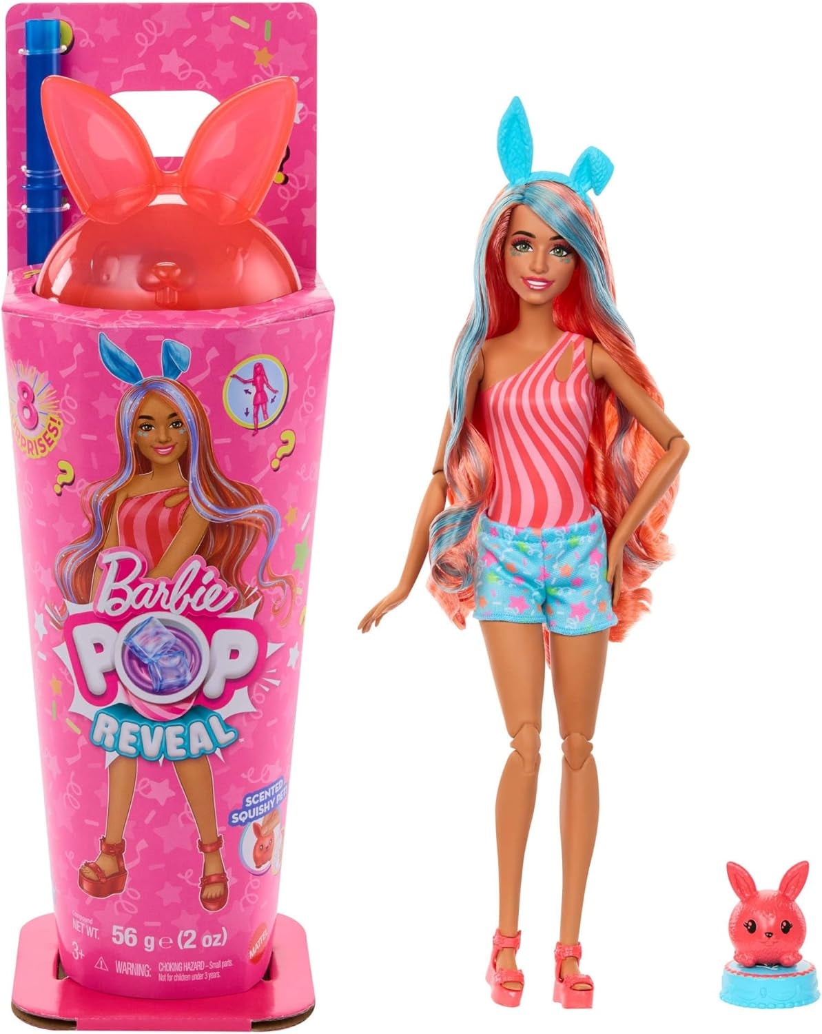 Barbie Pop Reveal – ensemble de poupée et accessoires, série Shakes, jolie poupée tendance chaton parfumé et animal de compagnie avec 8 surprises, y compris changement de couleur JCN87