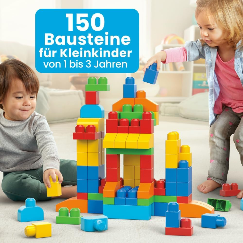MEGA BLOKS First Builders Jeu de jouets pour petits enfants, jouets de luxe avec 150 pièces et jouets créatifs, jeux ouverts, bleu, à partir de 1 an, CNM43