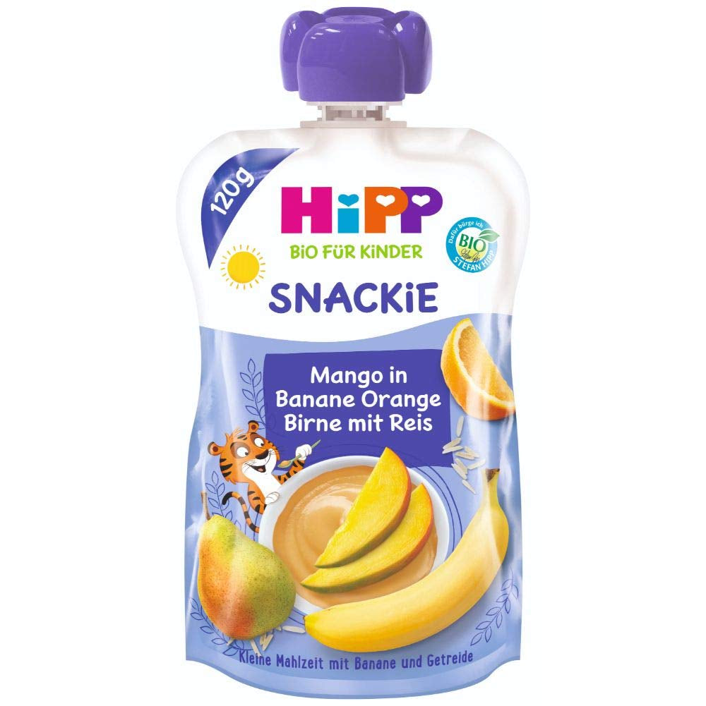 Sachets à presser Hipp, fruits 100% biologiques sans sucre ajouté, 6 X 120 grammes Mère et Enfant Naty Shop 6 x 120 grammes Mangue banane et riz