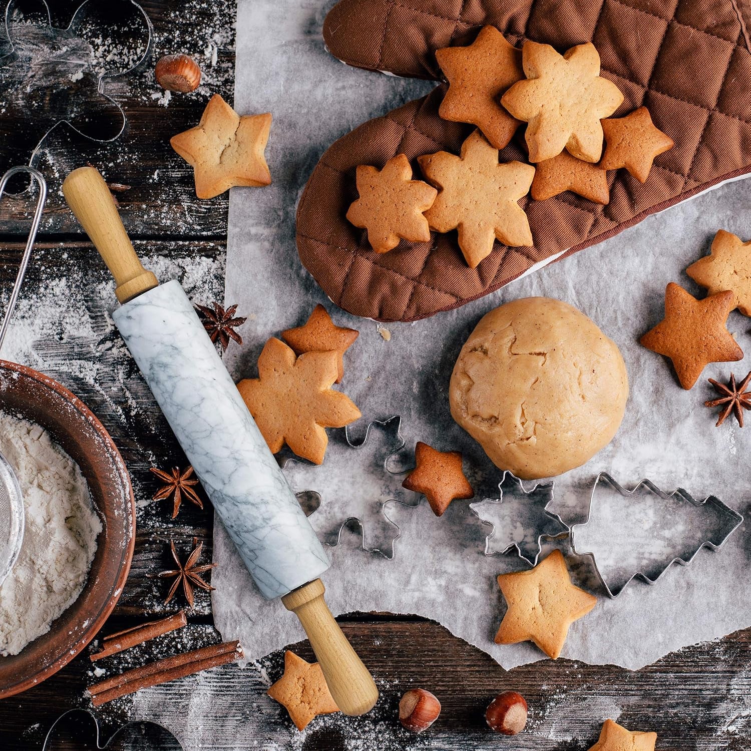 Relaxdays Rouleau à pâtisserie en marbre, poignées en bois, rouleau à pâtisserie robuste, 48 cm, blanc
