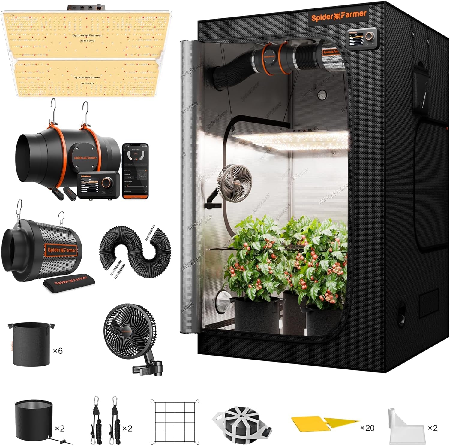 Spider Farmer SF1000 Lampe de culture LED à spectre complet à intensité variable, diode Samsung LM301H EVO, kit de tente de culture complète 70 x 70 x 160 cm, ensemble de tente de culture hydroponique, système de ventilation