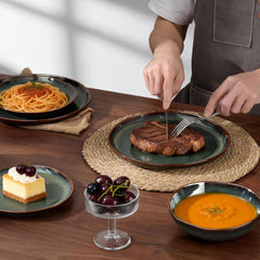 Service de table pour 6 personnes, 24 pièces en carreaux de céramique, service de table rond irrégulier avec assiettes, assiettes à dessert, bols à céréales, passe au micro-ondes et au lave-vaisselle, vert toundra réactif