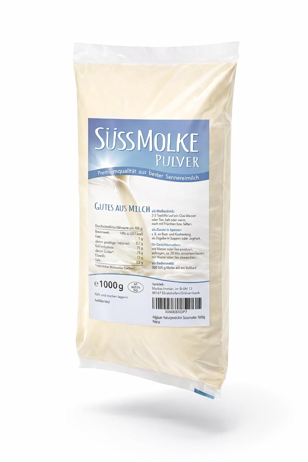 Allgauer Naturprodukte Poudre de lactosérum doux 1000 g - Polyvalent pour les boissons