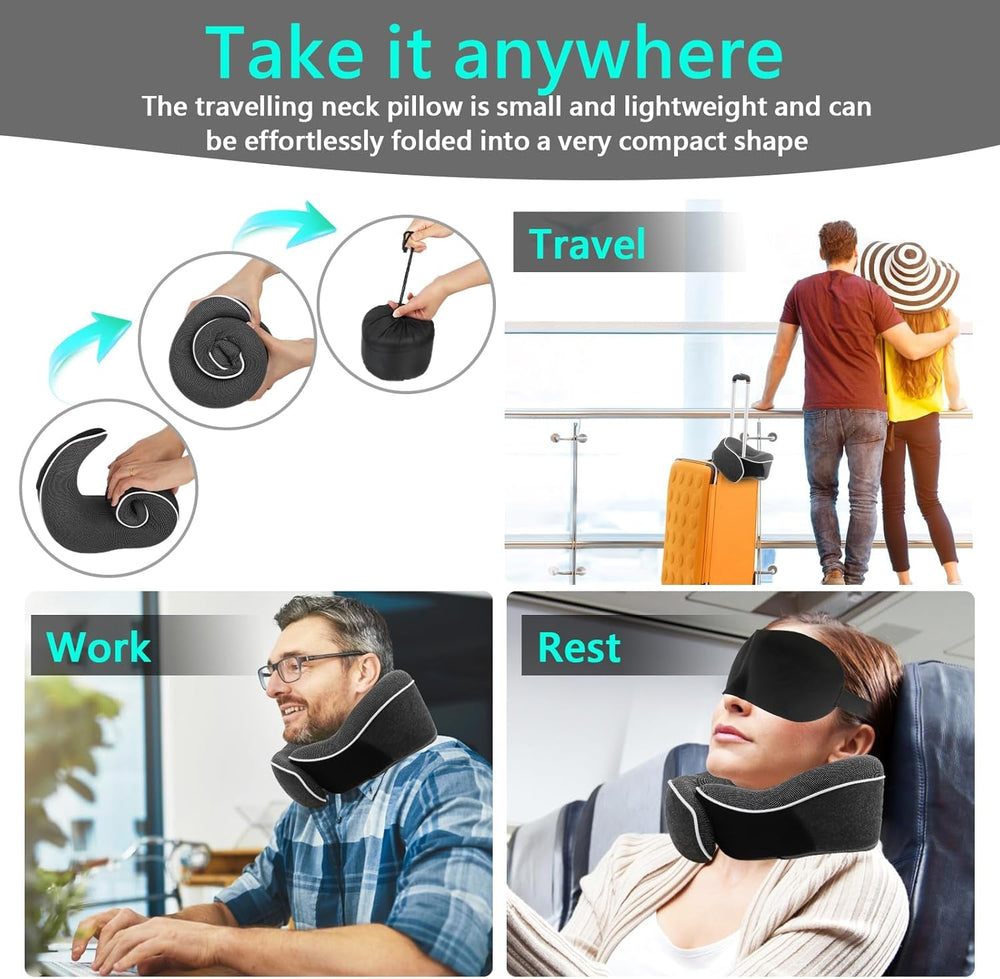 KILDOWS Oreiller Cervical Avion, Oreiller de Voyage en Mousse à Mémoire de Forme, Oreiller de Voyage Avion avec Masque pour les Yeux et Bouchons d'Oreilles, Oreiller Cervical Orthopédique, Idéal pour Voyager en Avion, Voiture, Train Oreillers Cervicaux Orthopédiques Naty Shop