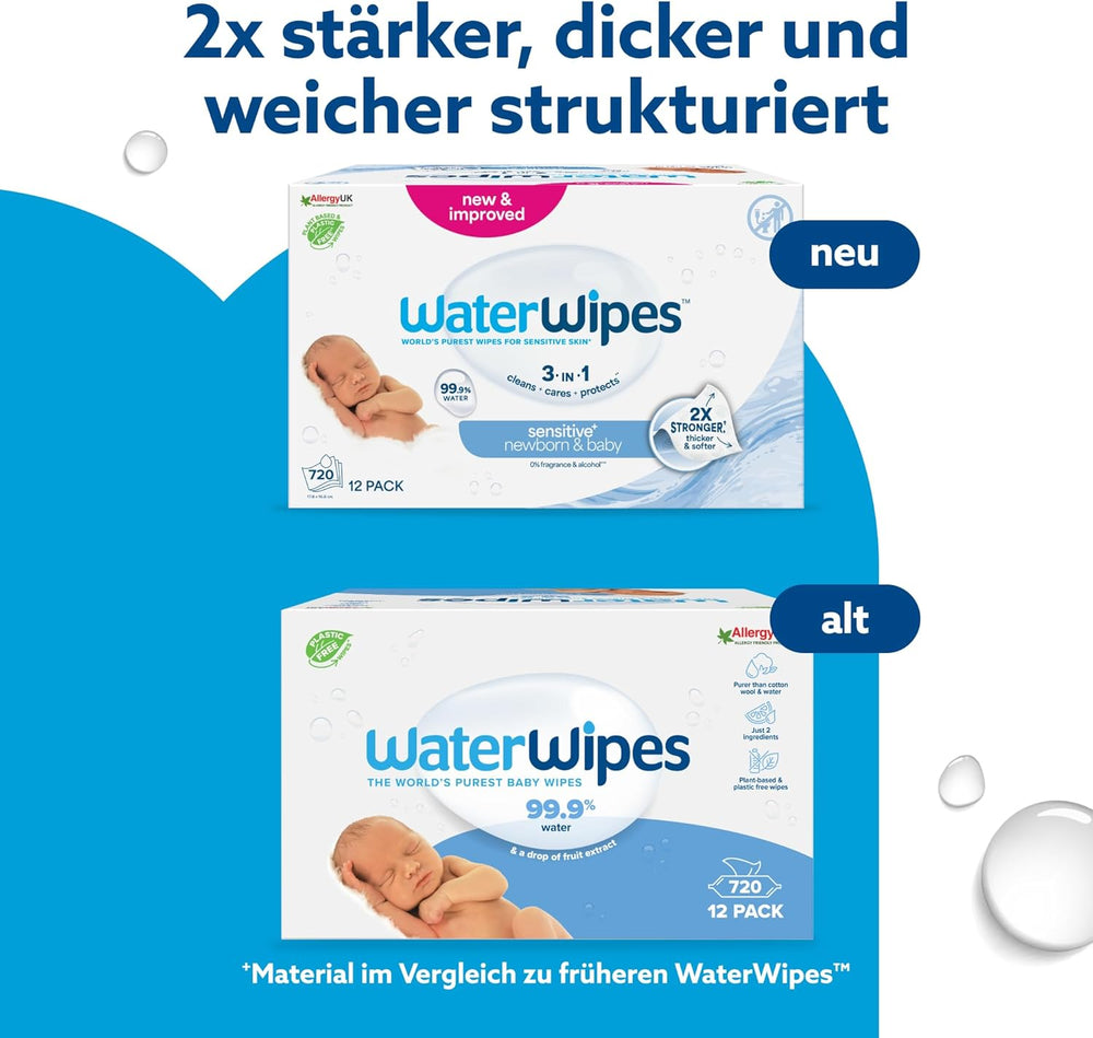 Lingettes humides WaterWipes Sensitive+ pour nouveau-nés et bébés, 720 unités (paquet de 12), nettoyage 3 en 1, entretien, protection, 99,9 % d'eau, sans parfum