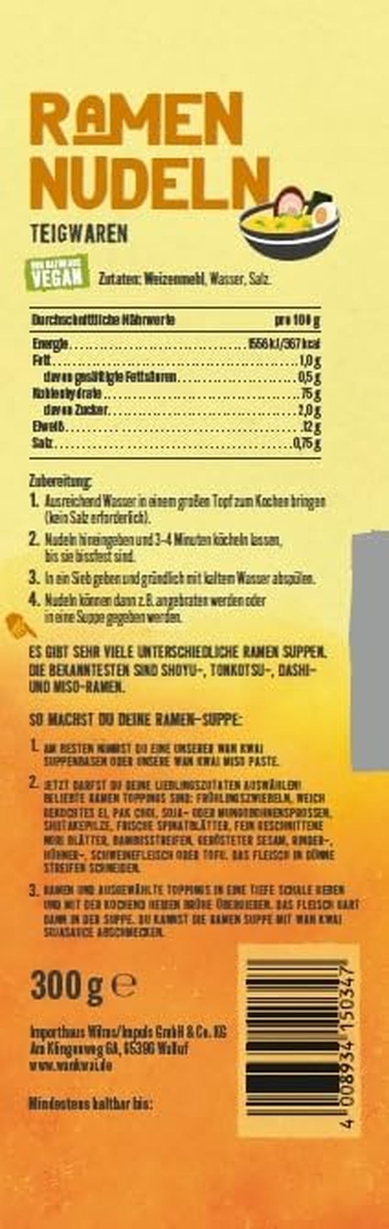 Nouilles Ramen Wan Kwai 300g – Saveur authentique pour la cuisine asiatique. Ingrédients polyvalents, rapides à préparer et de haute qualité. Idéal pour les soupes et les plats au wok.