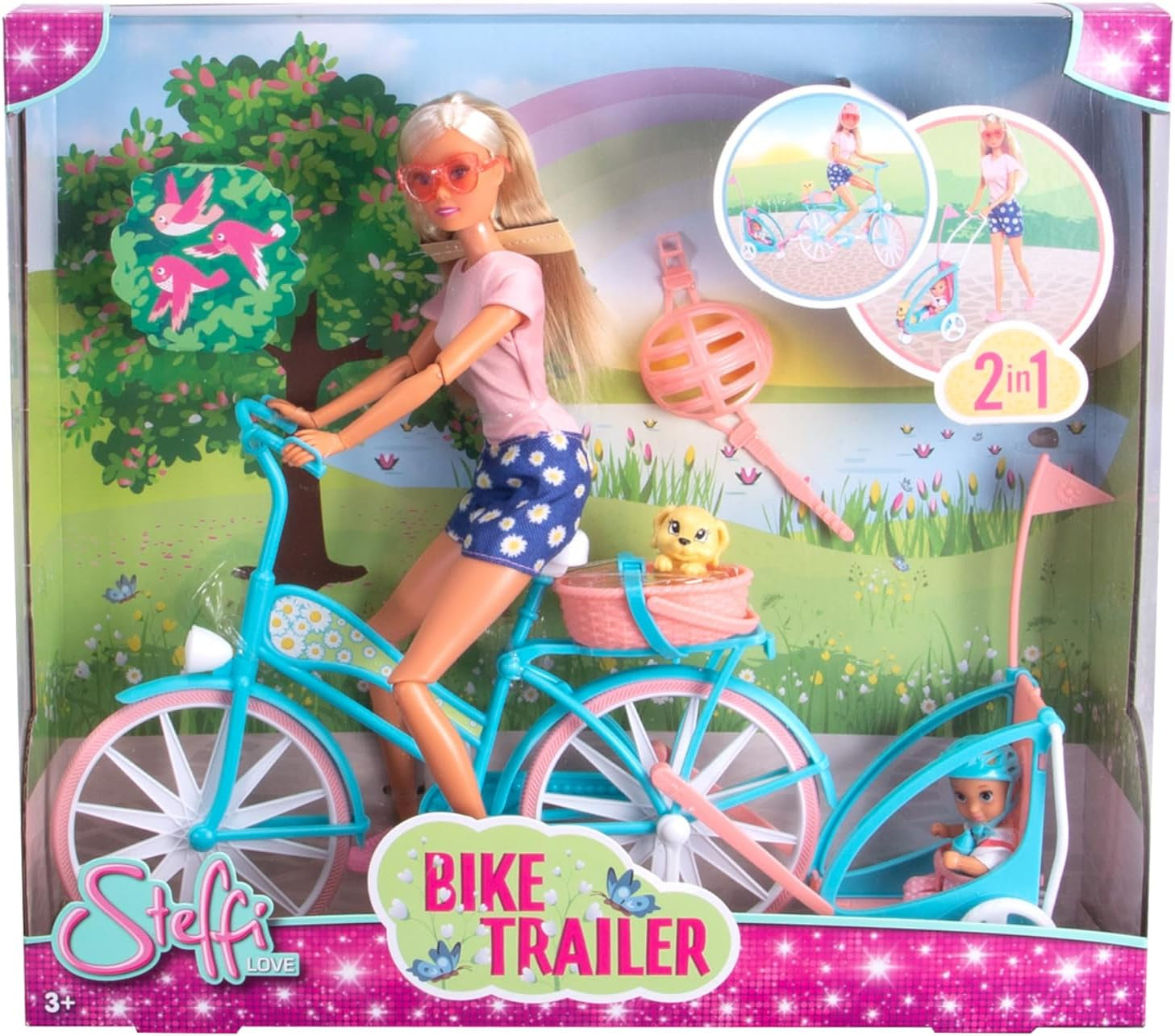 Steffi Love Bike Trailer, poupée sur vélo avec remorque pour bébé, chien et écouteurs, 3 ans et plus