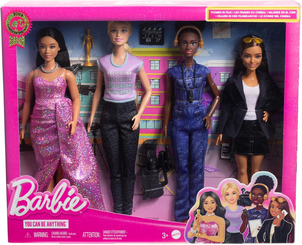 Barbie Berufe-Set mit 4 Puppen und Zubehör, Frauen in der Filmbranche mit Studioleiterin, Regisseurin, Kamerafrau et Filmstar in Ausziehbaren Outfits, HRG54