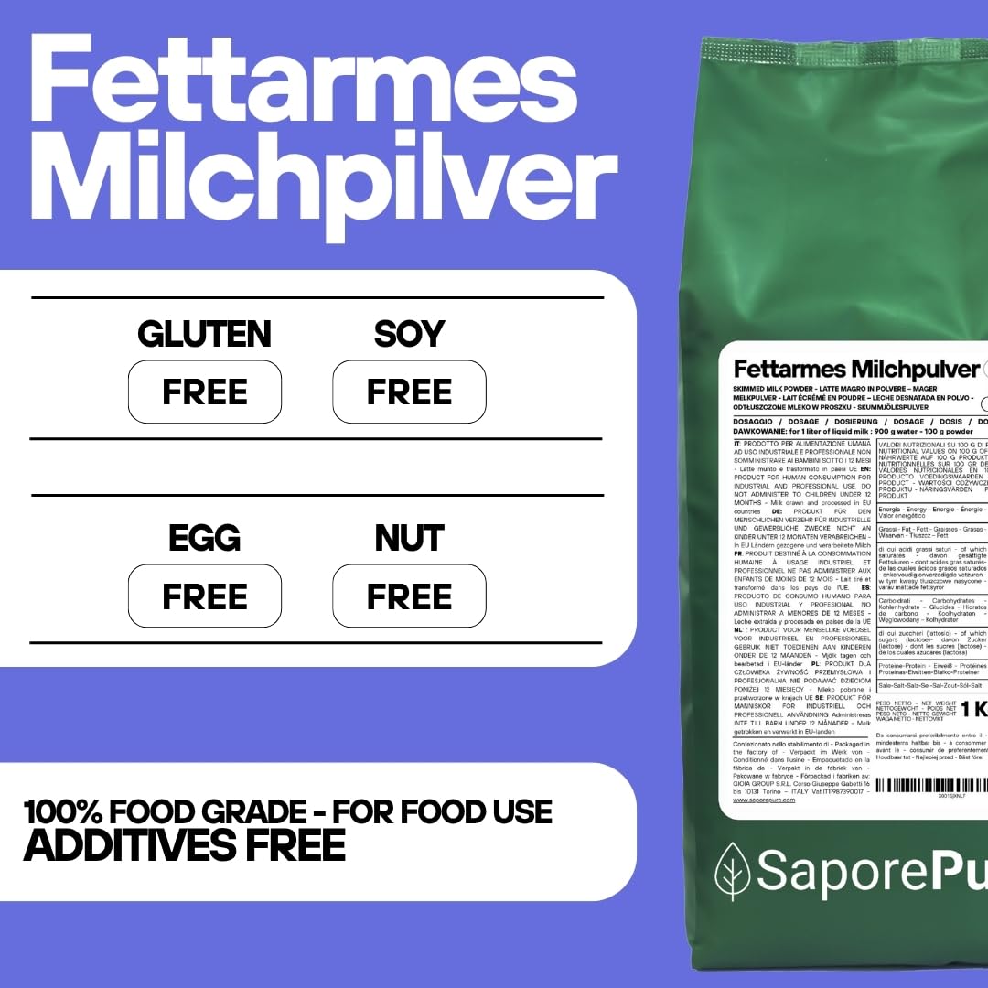 SaporePuro Lait écrémé 1 kg - Haute Solubilité Sans Gluten