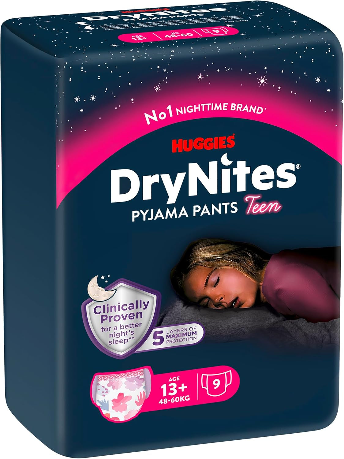 Huggies DryNites Couches pour énurésie nocturne pour filles de 13 à environ 17 ans (48-60 kg), lot de 27 couches (3 x 9) par mois