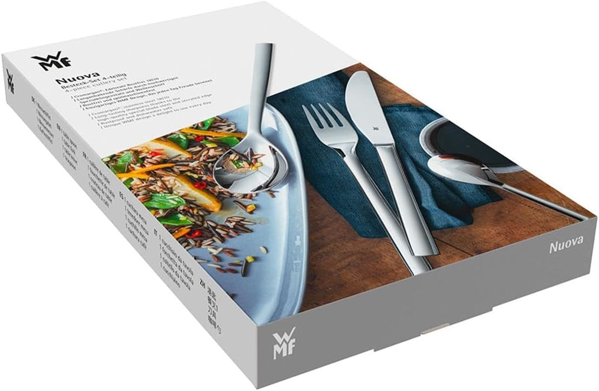 WMF Nuova set de tacâmuri pentru 1 persoană, 4 piese, cuțit monobloc, oțel inoxidabil Cromargan Bucatarie Naty Shop