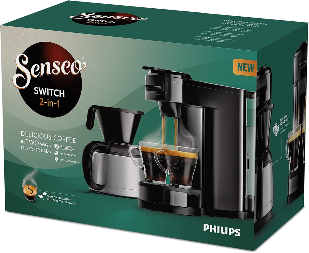 PHILIPS Senseo Switch Machine à expresso à filtre et à dosettes, technologie d'infusion 2 en 1, réservoir d'eau de 1 litre, 7 tasses en une seule infusion, noir piano (HD6592/64)