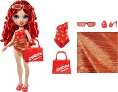 Rainbow High Swim & Style - Ruby (Rouge) - Poupée de 28 cm avec paréo pailleté, 10+ vêtements - Maillot de bain amovible, sandales, accessoires de jeu - Jouet - Idéal pour les 4-12 ans