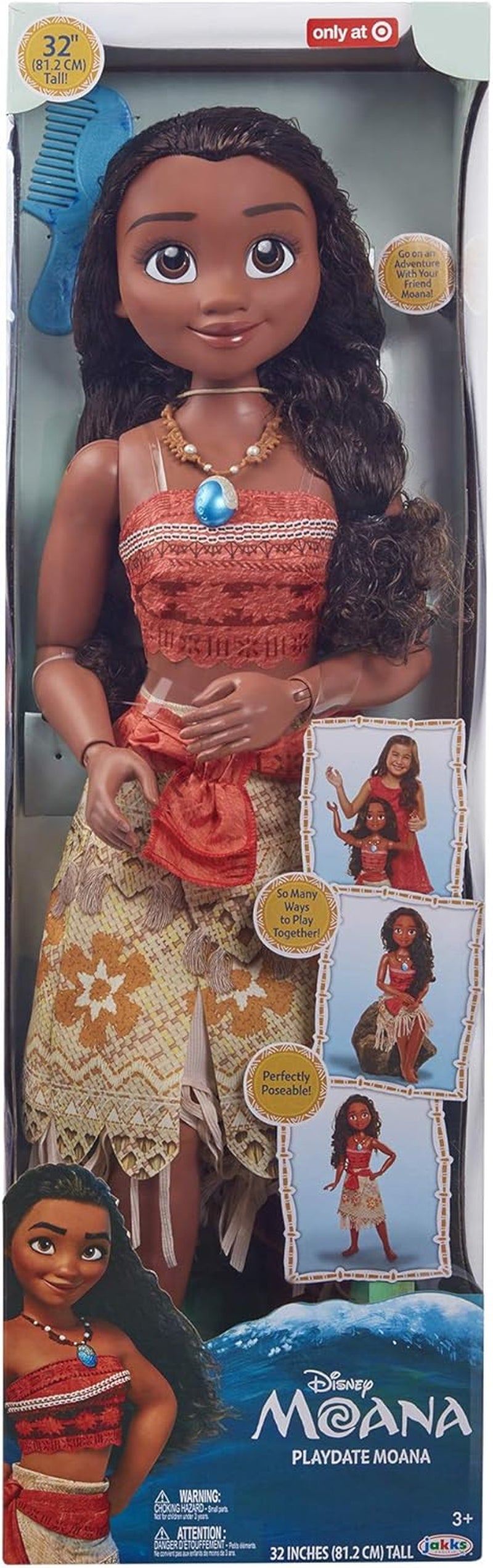 Disney Princess Vaiana, grande poupée de jeu de Jakks Pacific de 80 cm, jolie poupée, avec une brosse à la main dans ses serrures bien fermées, pour un vêtement inspiré du film, porte-clés avec crochets
