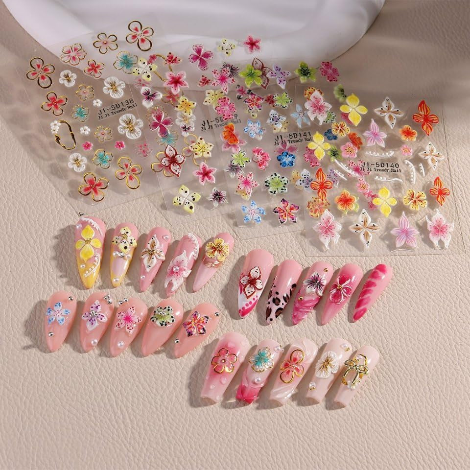 JMEOWIO Autocollants de manucure 3D en forme de fleur colorée pour nail art