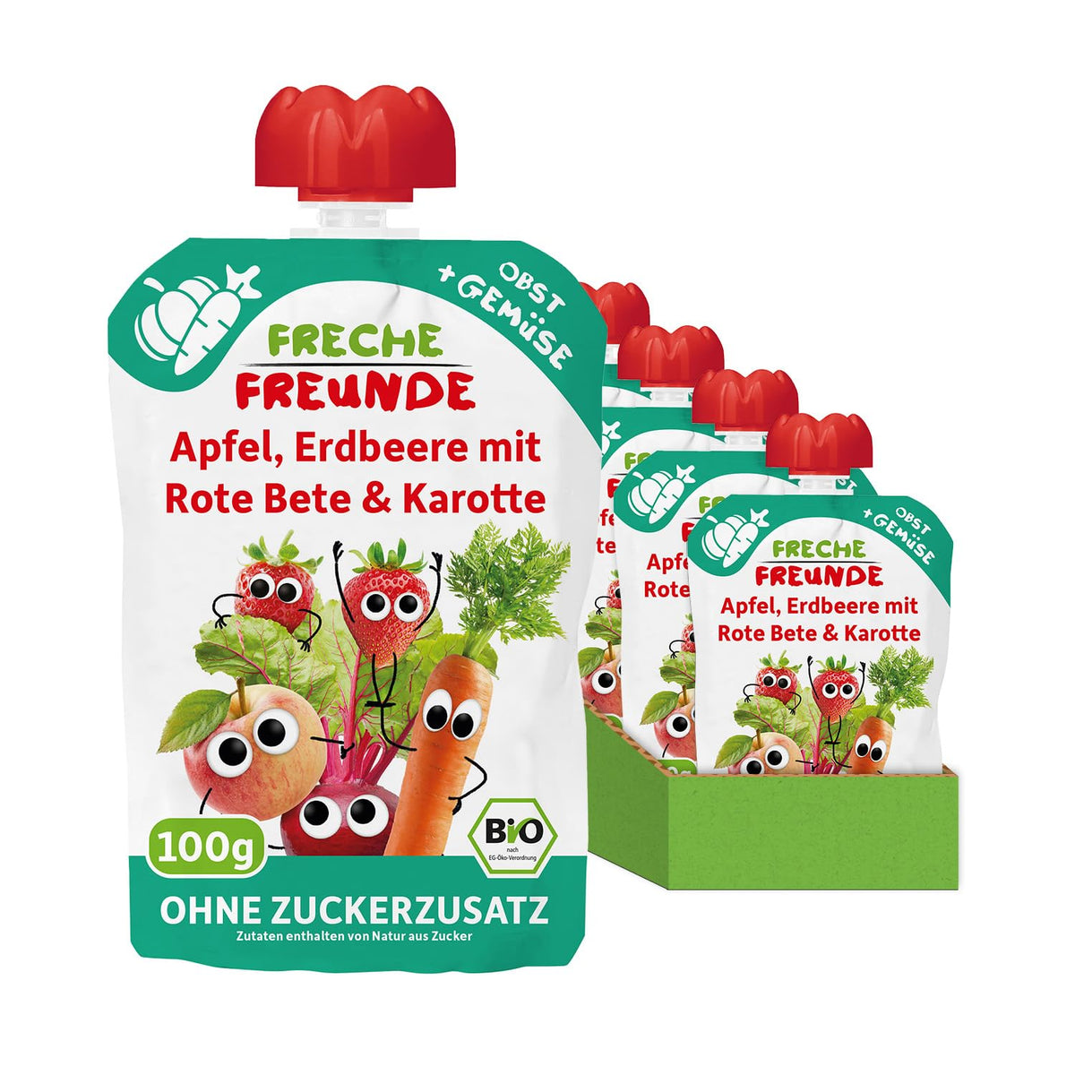 FRECHE FREUNDE Lot de 6 sachets de fruits à presser bio avec pommes, fraises, betteraves et carottes, purée de fruits et légumes dans un sachet à presser pour bébé à partir de 6 mois, végétalien, lot de 6 (6 x 100 g)