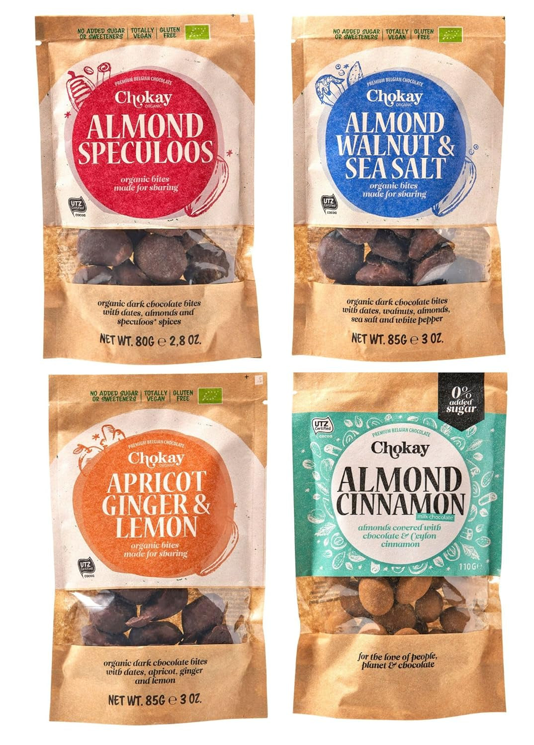 Ensemble de 4 bouchées biologiques - Amandes à la cannelle/Amandes à la cannelle dans du chocolat noir belge/Sans sucre ajouté, sans édulcorants/VEGAN & FAIR COMMERCE / 4 x 85g