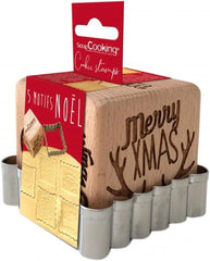 SCRAP COOKING 5138 Tampon à pâtisserie en bois motif Noël - avec 1 forme d'emporte-pièce et cube de Noël gravé 5 faces - Forme décorative
