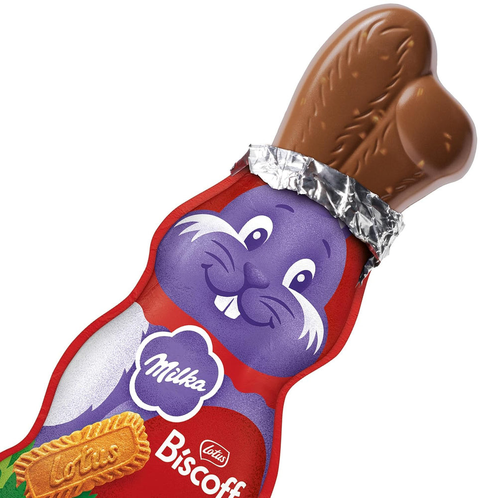 Milka Smiling Bunny Biscoff – délicat lapin de Pâques avec du chocolat et des morceaux de biscuits Lotus Biscoff – 95g