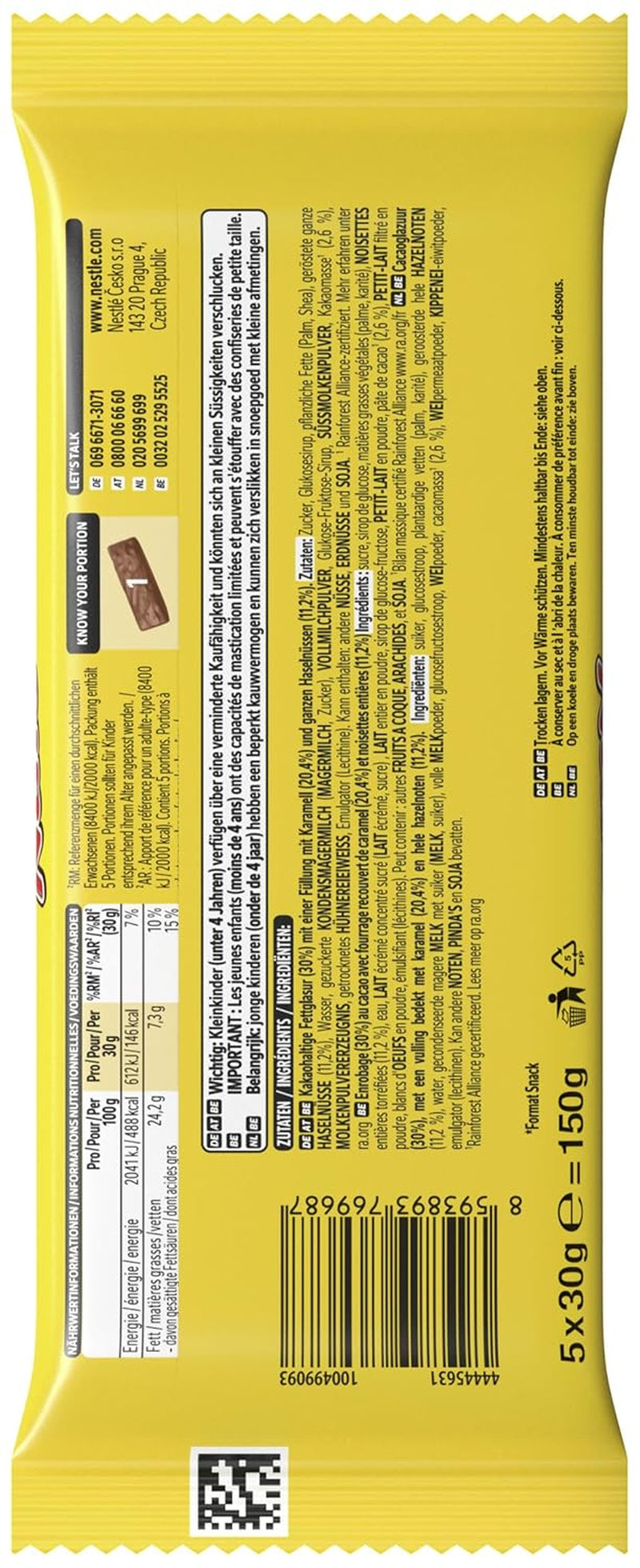 Nestlé NUTS, barres de chocolat aux noisettes fourrées au caramel, noisettes entières et délicieuse crème de bonbons, enrobées de chocolat au lait, 1 paquet (5 x 30 g)