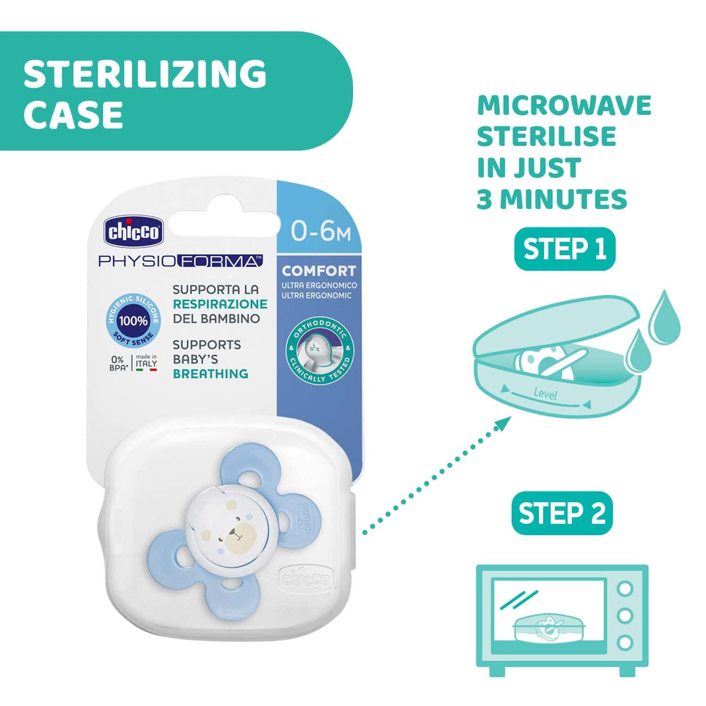 Chicco PhysioForma Comfort Sucette 16-36 mois, Sucette pour bébé avec tétine en silicone, 1 pièce, favorise la respiration physiologique et le développement buccal correct, Bleu