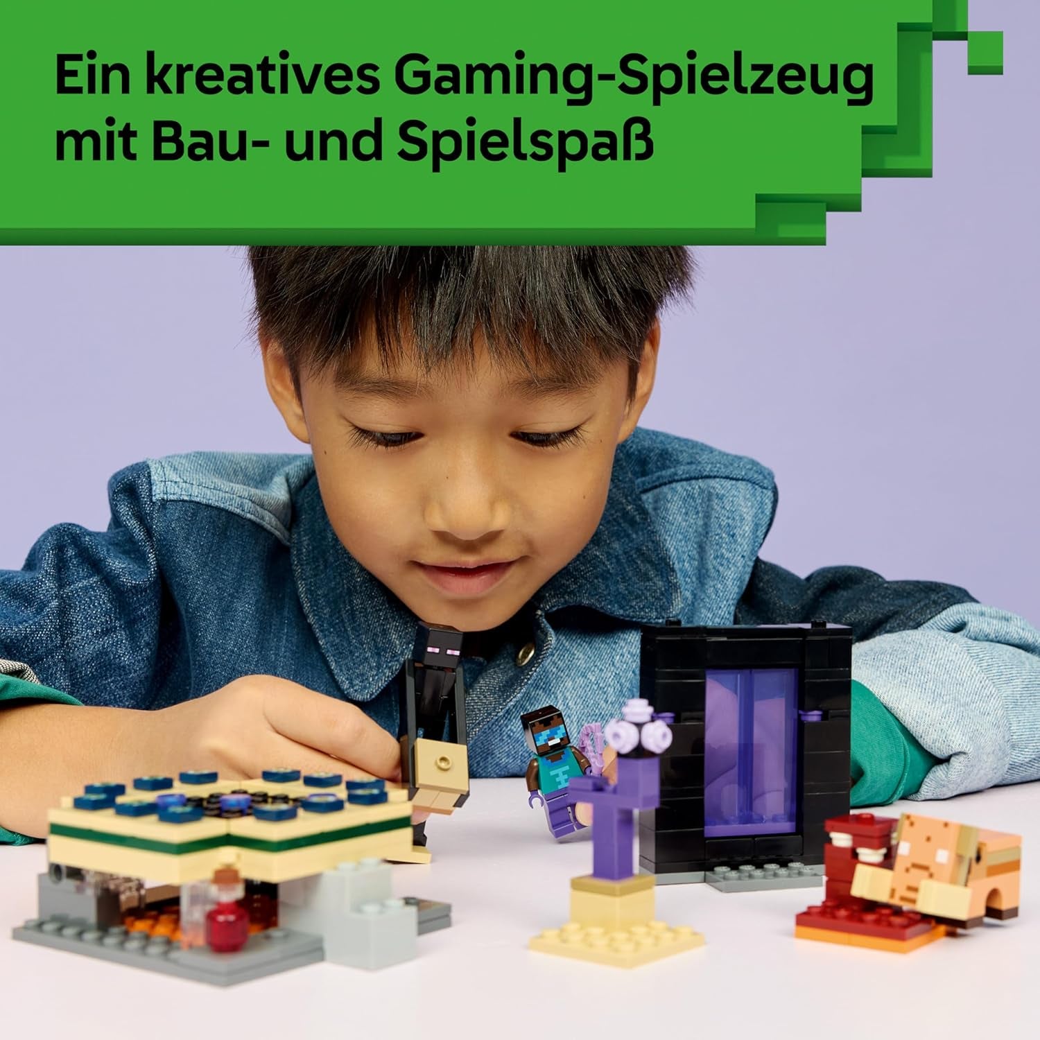 LEGO Minecraft Voyage à travers Nether et Endportal - Jeu pour enfants avec figurines Helden, Enderman et Baby Hoglin - Set avec figurine Minecraft - Jeu de joueur pour jeunes et filles à partir de 7 ans - 21584