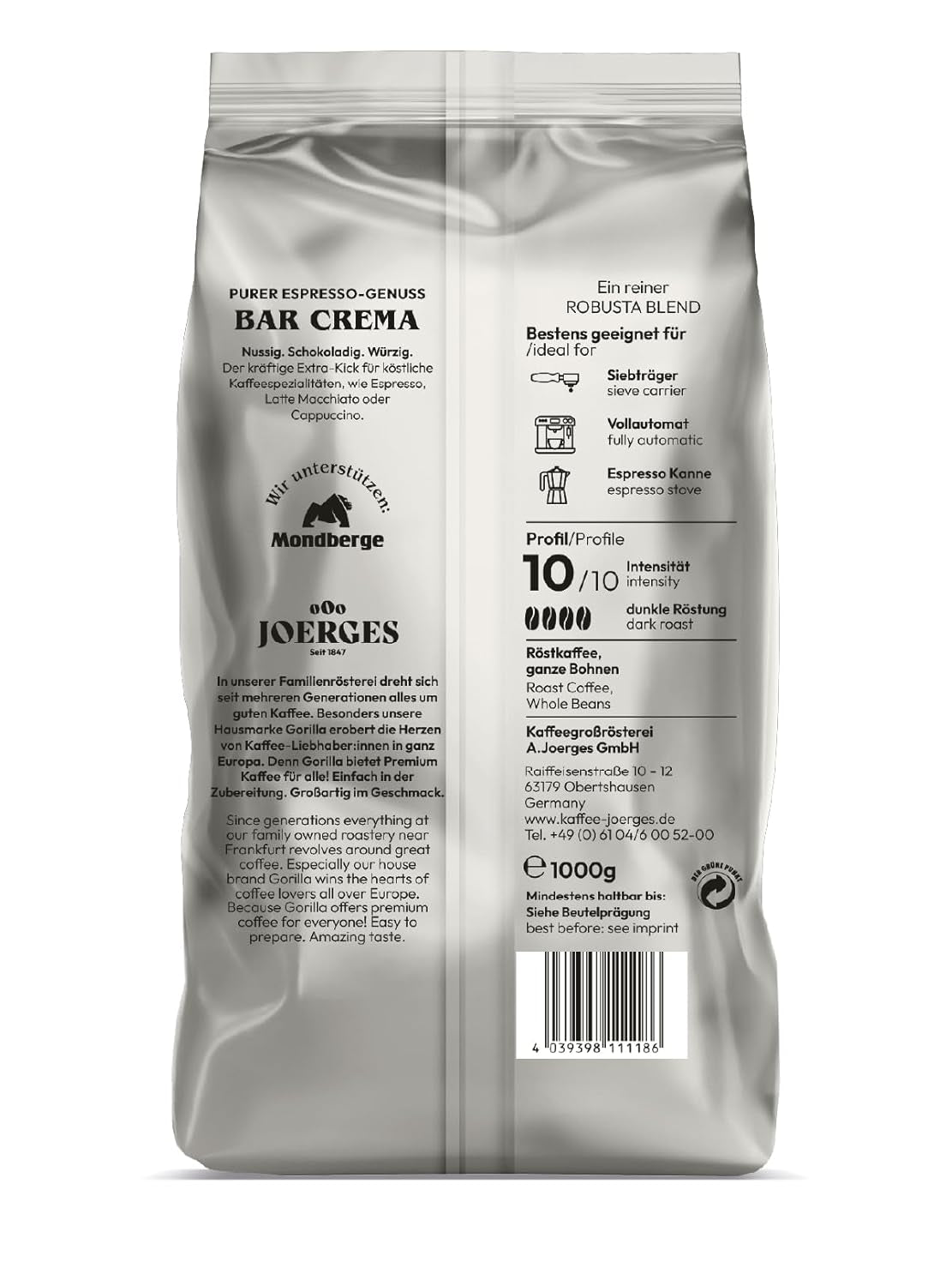 Joerges Kaffee ganze Bohnen Espresso Bar Crème, 1 kg (Packung mit 2)