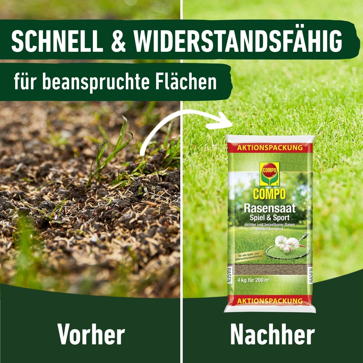 Compo Rasensaat Spiel Und Sport, Universelle Rasenmischung, 4 Kg, 200 M²