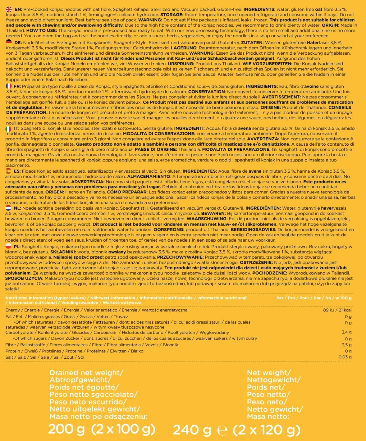 Nouilles Konjac de qualité supérieure de Thaïlande, végétaliennes, sans gluten – 240 g x paquet de 6 (12 paquets), nouilles Shirataki de la famille Elf, nouilles instantanées, pâtes/céto/faible teneur en glucides/faible teneur en calories/sans sucre – Spaghetti et fettuccine