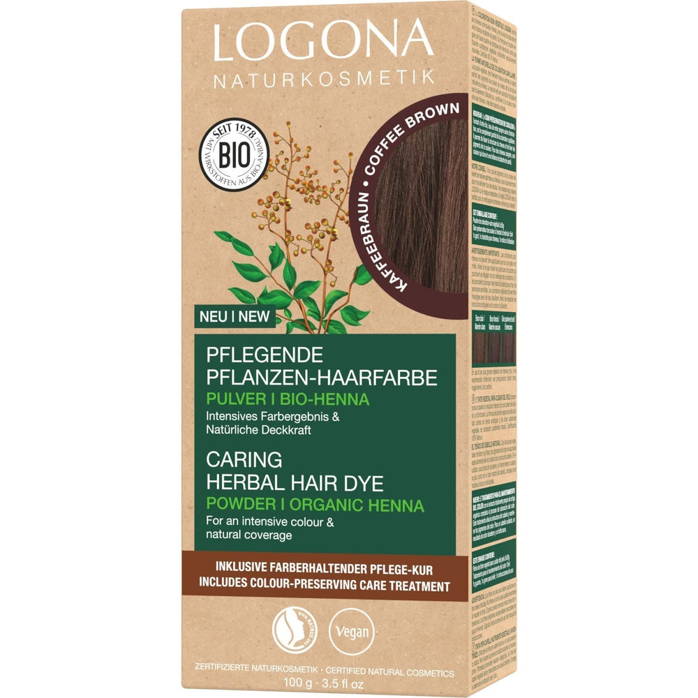 LOGONA Natural Cosmetics Vopsea de păr hrănitoare pe bază de plante, vopsea de păr vegană pudră cu henna organică pentru culoare intensă și strălucire, vopsea de păr pe bază de plante în blond cupru (blond), 1 x 100g Vopsea pentru par Naty Shop Maro cafea 100 G (1 pachet)