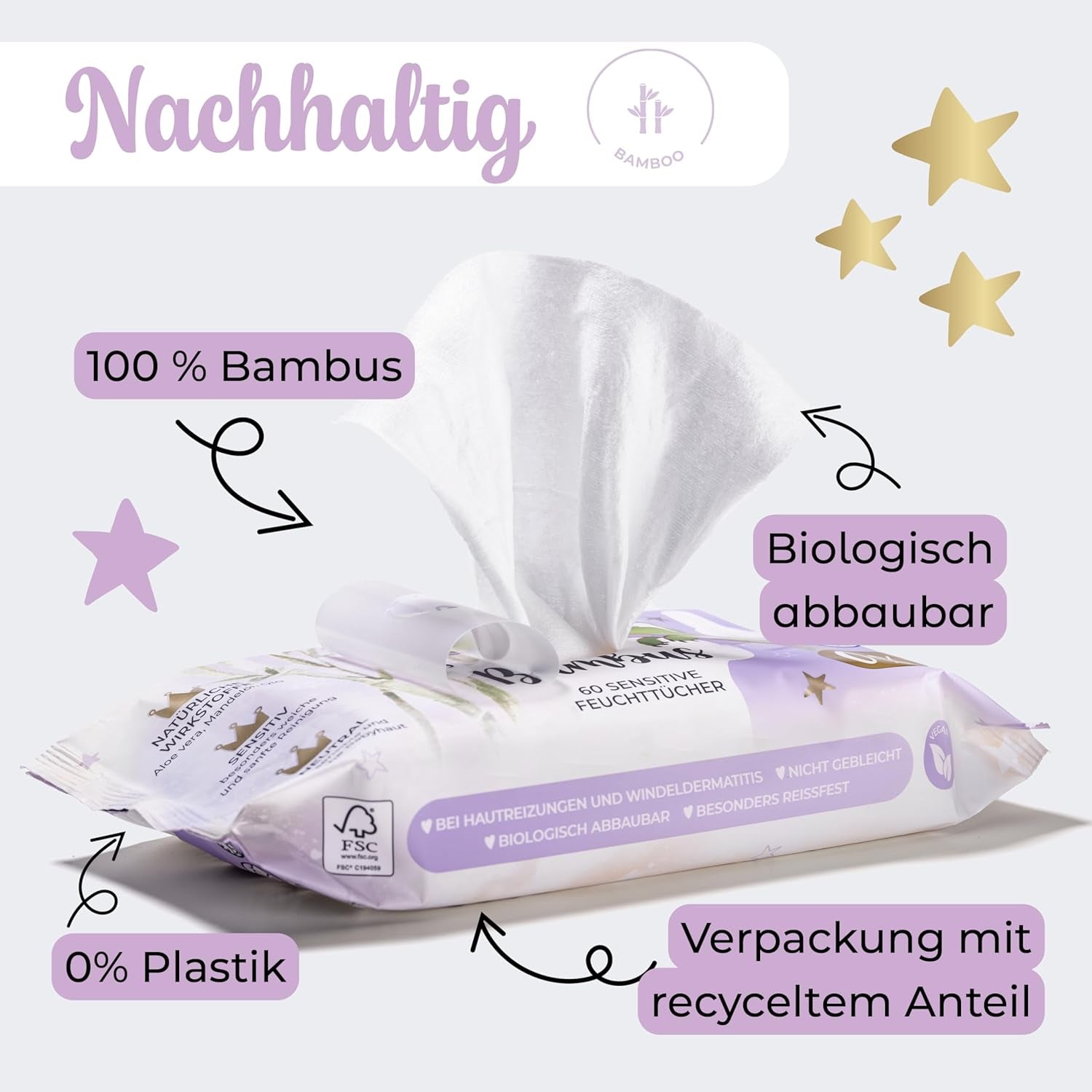 Lingettes humides Millis Bamboo Baby Sensitive pour peau délicate de bébé - 5 x 60 pièces - Nettoyage naturel, doux et durable - Lingettes bébé biodégradables, sans plastique et sans alcool