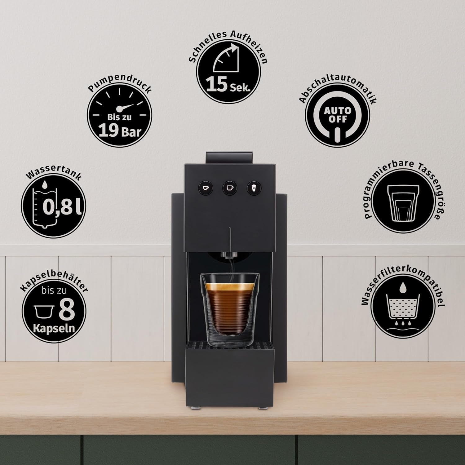 Machine à expresso avec capsules K-FEE SQUARE pour café, thé et cacao | Expresso compact | Chauffage rapide | Réservoir d'eau de 0,8 l | 19 barres | Noir piano