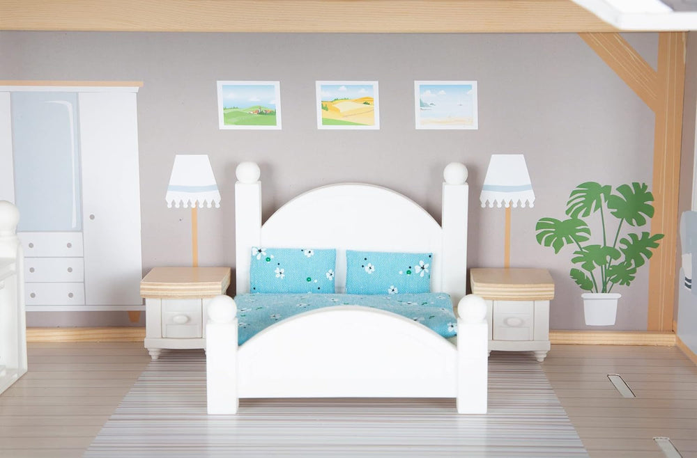 Casă de păpuși Small Foot Vilă de oraș din lemn, cu 3 etaje, față deschisă și 12 mobilier, pentru copii de la 3 ani, 11802, alb gri Casute de papusi Naty Shop