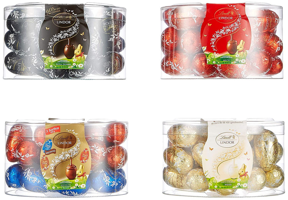Oeufs LINDOR au chocolat Lindt | 4 boîtes de 450 g chacune | Œufs LINDOR au chocolat au lait fondant, fourrés blanc, noir et noisettes | Chocolat de Pâques | Cadeau de chocolat | Oeufs de Pâques | Oeufs en chocolat