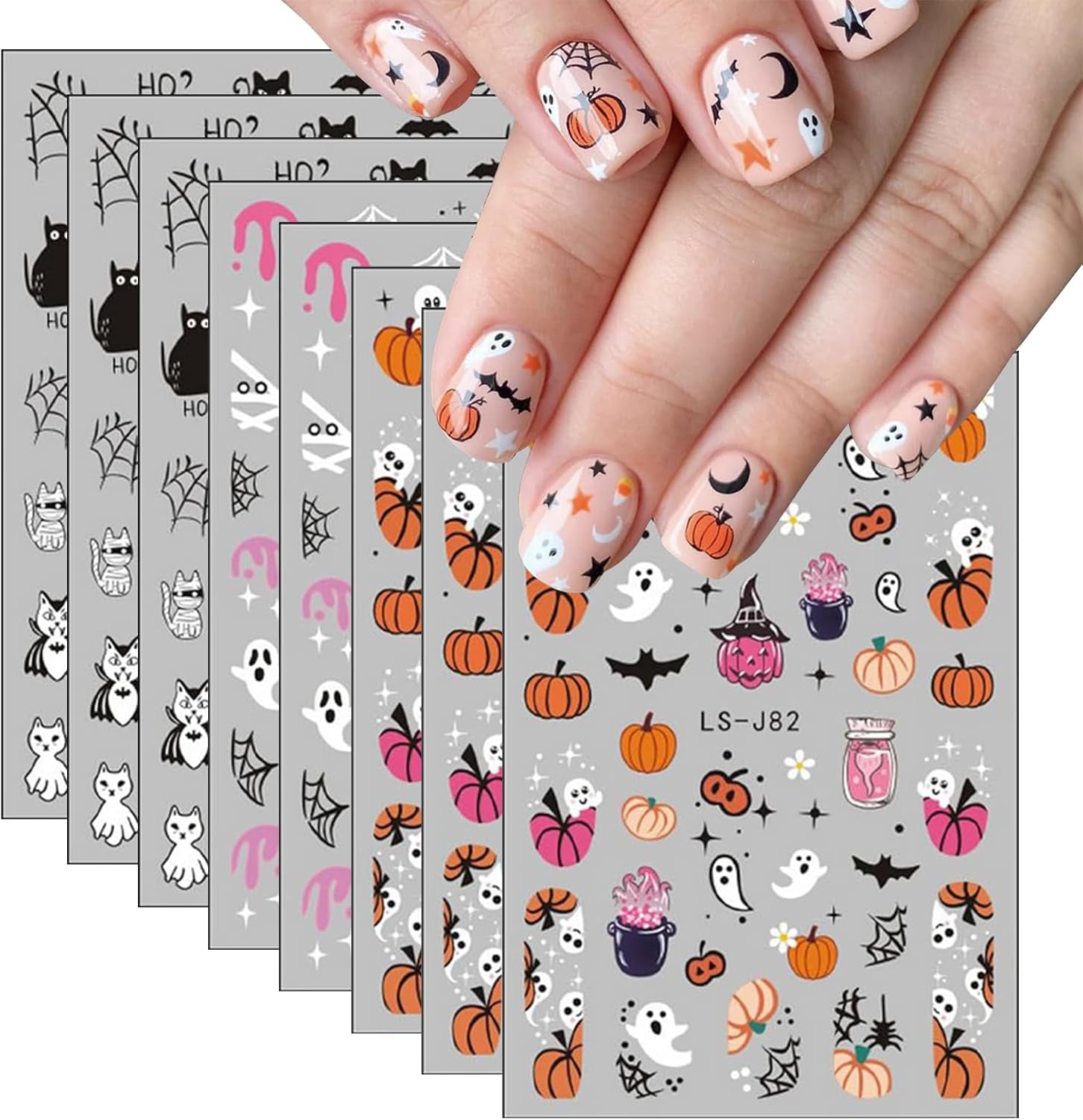 Nagelsticker Halloween, 8 Blätter Halloween Nagelsticker, Kürbis Nail Sticker, Nail Art, Nagel Charms, Nagel Zubehör, Nageldesign, Christmas (Typ A)