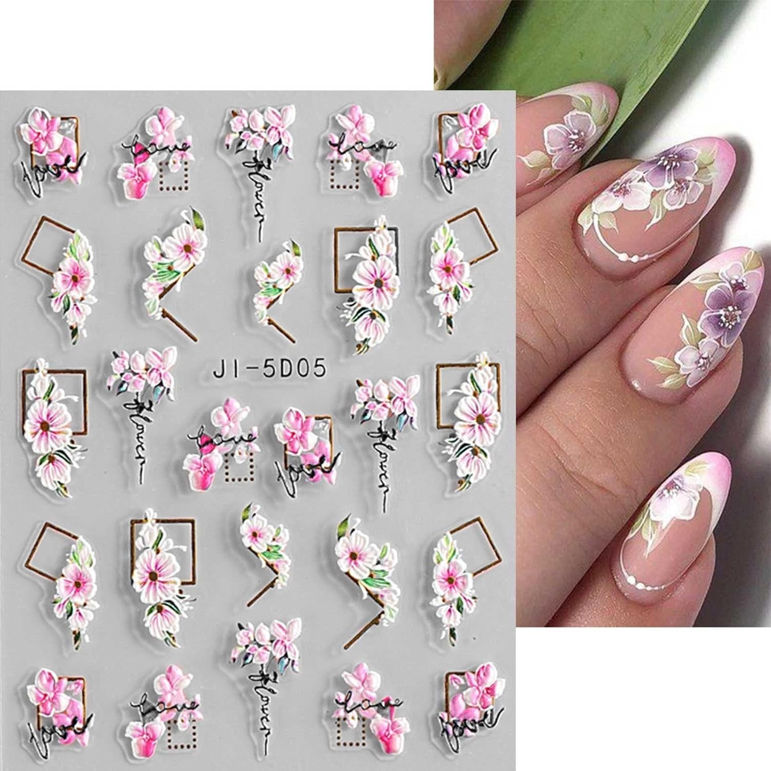 JMEOWIO Autocollants de manucure 3D pour ongles, fleurs, autocollants pour nail art, autocollants auto-adhésifs, bandes stéréoscopiques 5D, décoration de fleurs d'été, design de manucure, 4 feuilles