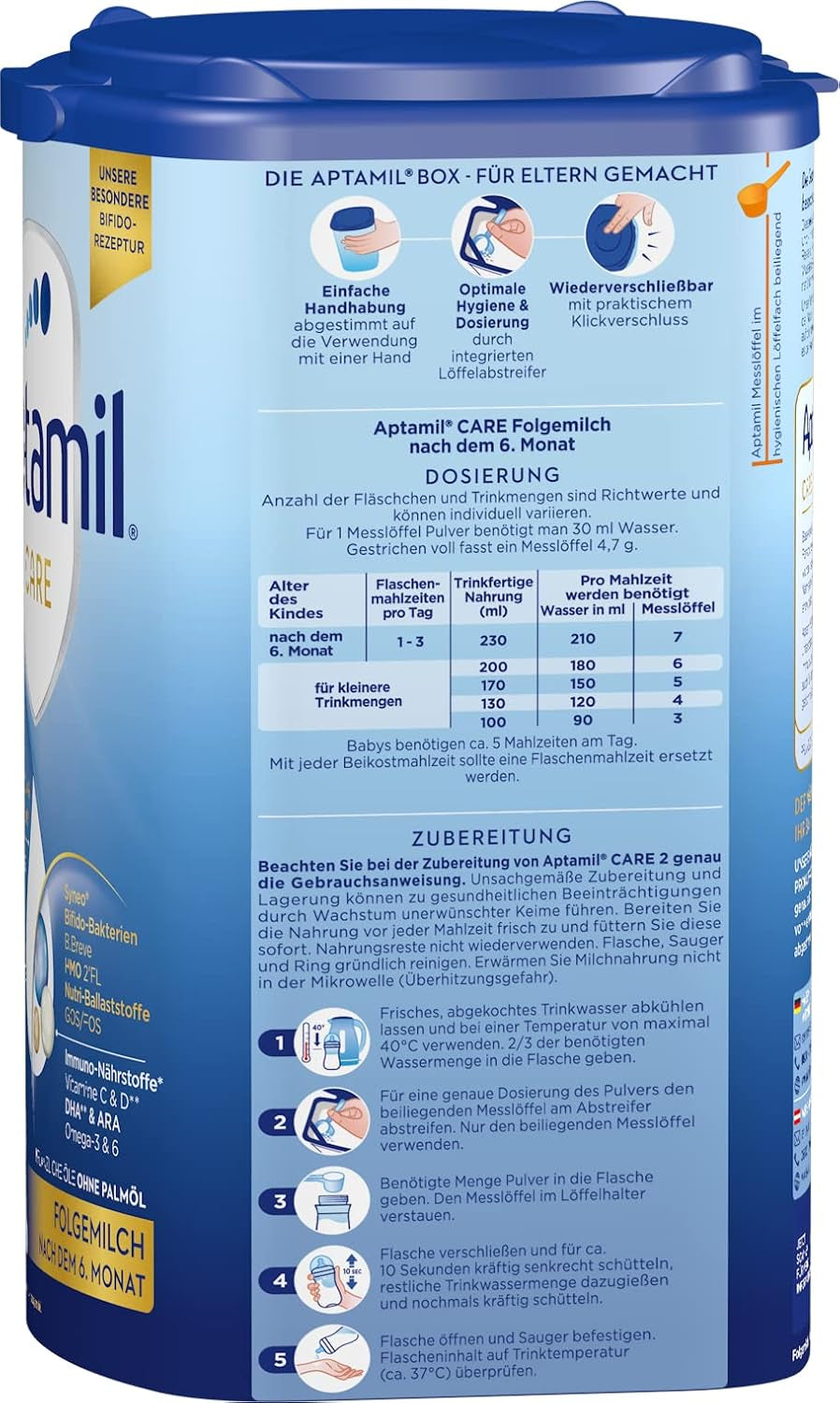 Aptamil Care 2 - Lait de suite après 6 mois, avec Oméga 3 et 6, DHA et ARA, sans huile de palme, nourriture pour bébé, lait en poudre, 1 x 800 g (paquet de 6)